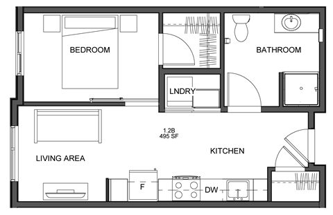 a floor plan of a small house with a bedroom and a living room